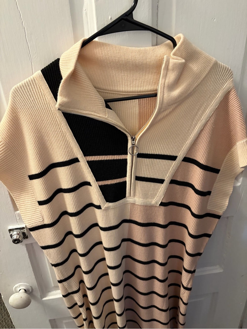 Striped Cream and Black Half-Zip Sweater Dress
